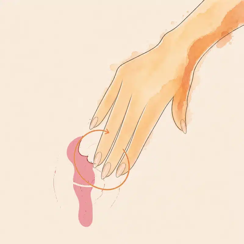 Schema: drei flach aufgelegte Finger zeichnen große Kreise auf den oberen Teil der Vulva